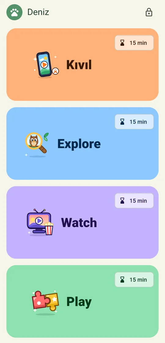 Vaybak! home screen: the Kıvıl, Explore, Watch and Play cards