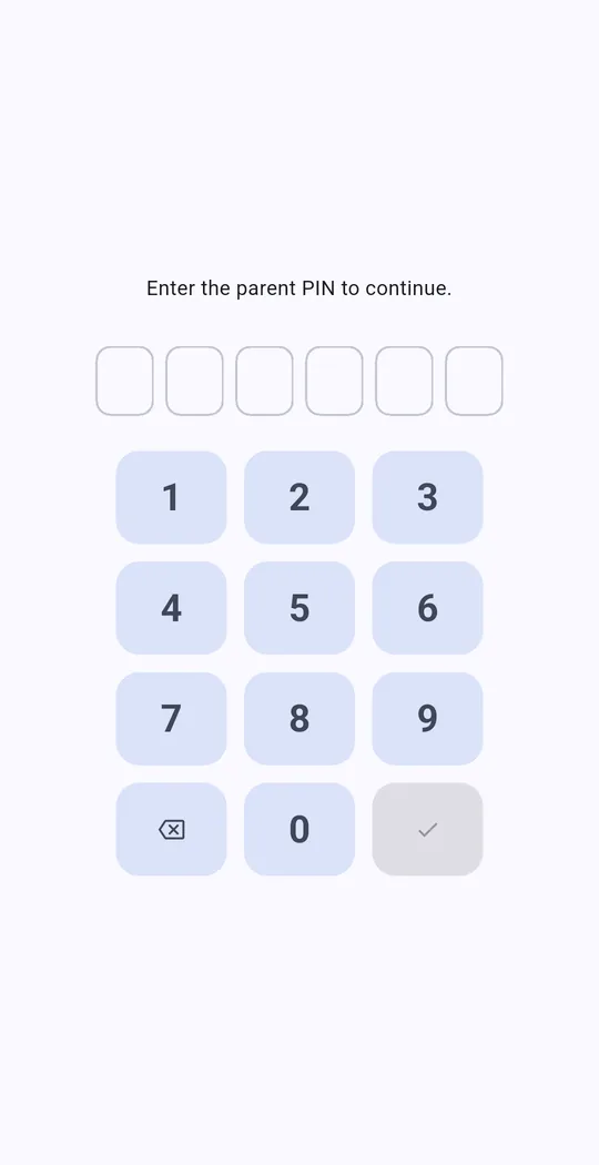 Parent area PIN entry screen
