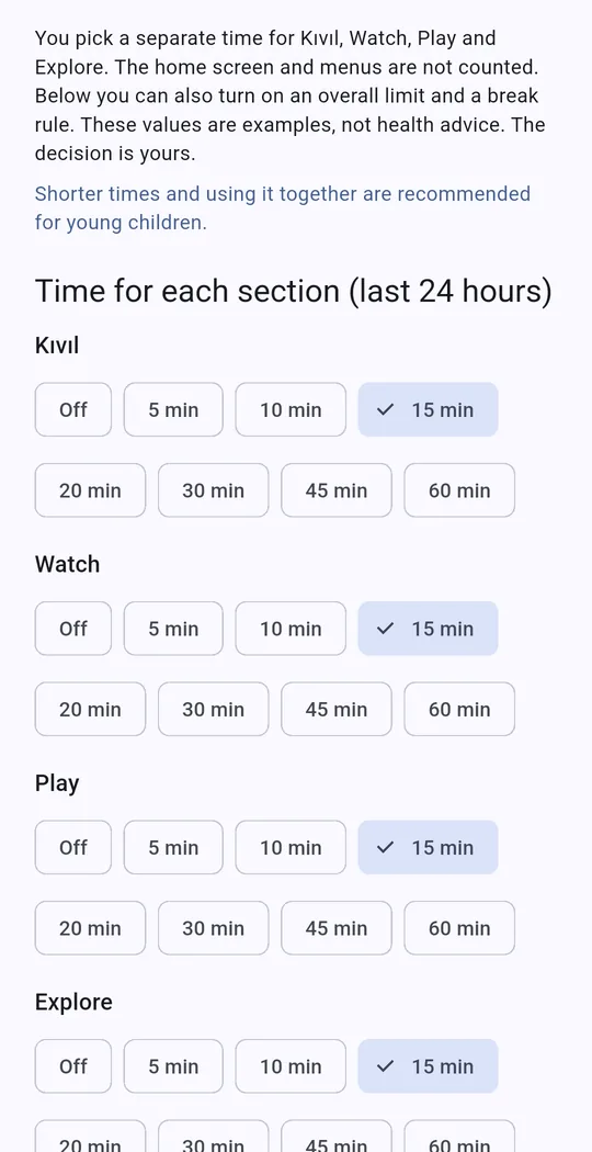 Parent area, time settings: a separate time for each section