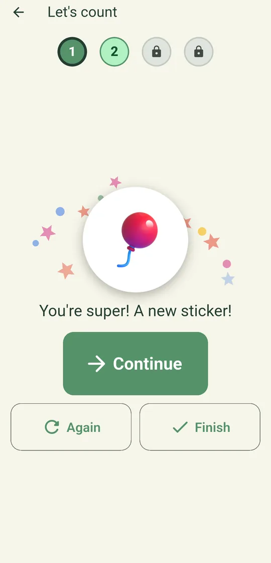 Level complete: a new sticker with confetti and a Continue button