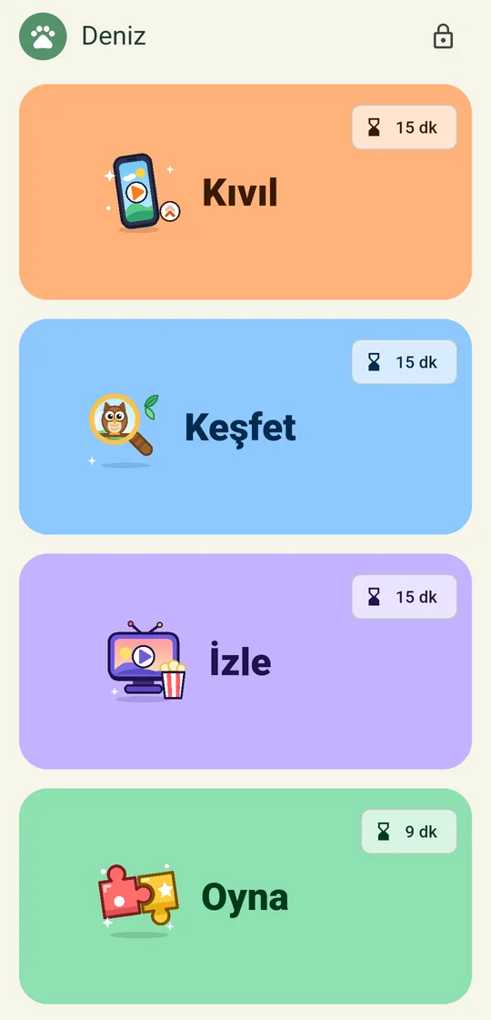 Vaybak! ana ekranı: Kıvıl, Keşfet, İzle ve Oyna kartları